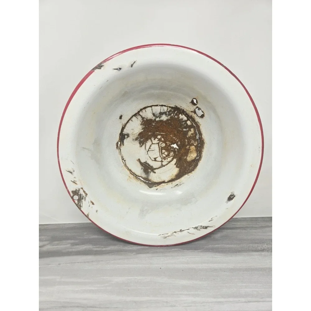 VTG White Red Enamelware Basin Bowl Antique Primitive Farm  12